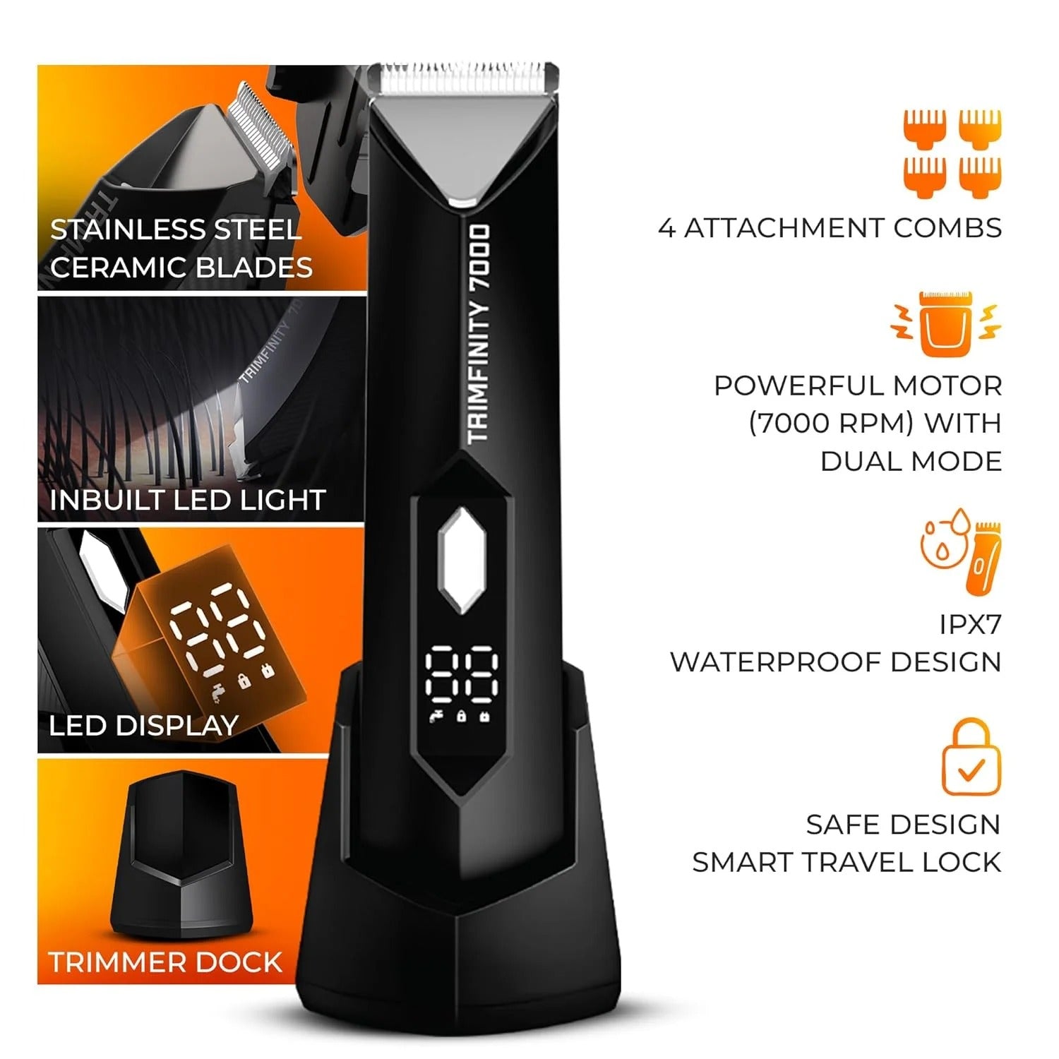 Trimmer for Men- Safest Body & Private Part Trimmer - Pubic Hair Groomer, Underarm - Waterproof, Ceramic Blades, Rechargeable with Wireless Fast Charging,Black