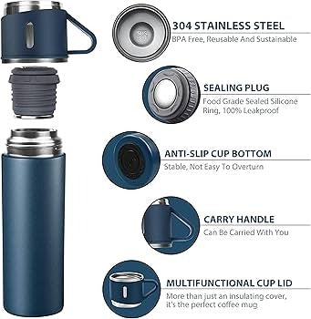 Velocious® Stainless Steel Thermo 500ml/16.9oz Vacuum Insulated Bottle with 3 Cup for Coffee Hot Drink and Cold Drink Water Flask